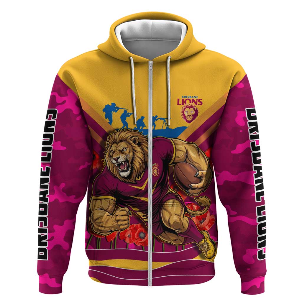 Personalised Brisbane Lions ANZAC Zip Hoodie Military Remembrance Australian Football Mascot Camouflage