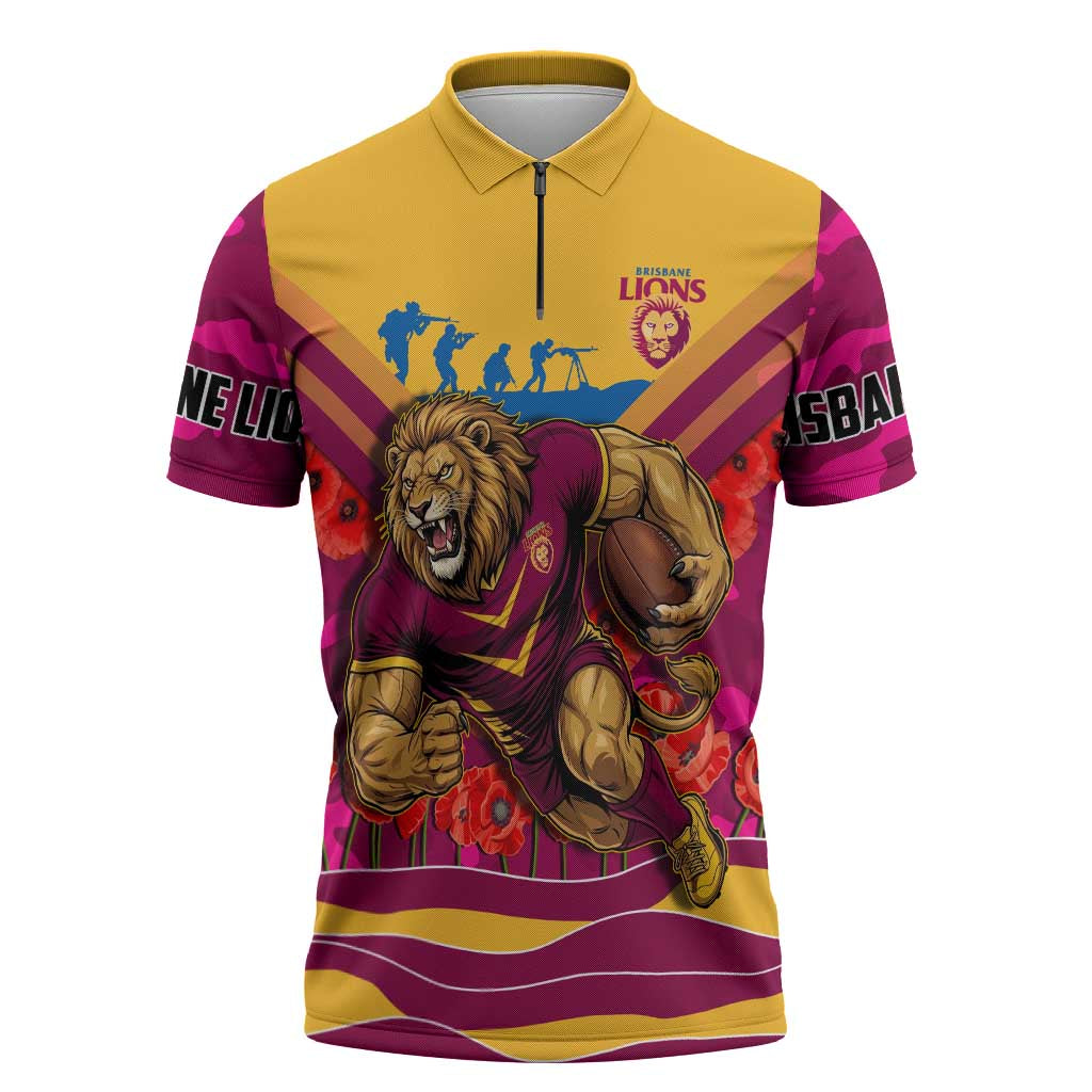 Personalised Brisbane Lions ANZAC Zipper Polo Shirt Military Remembrance Australian Football Mascot Camouflage