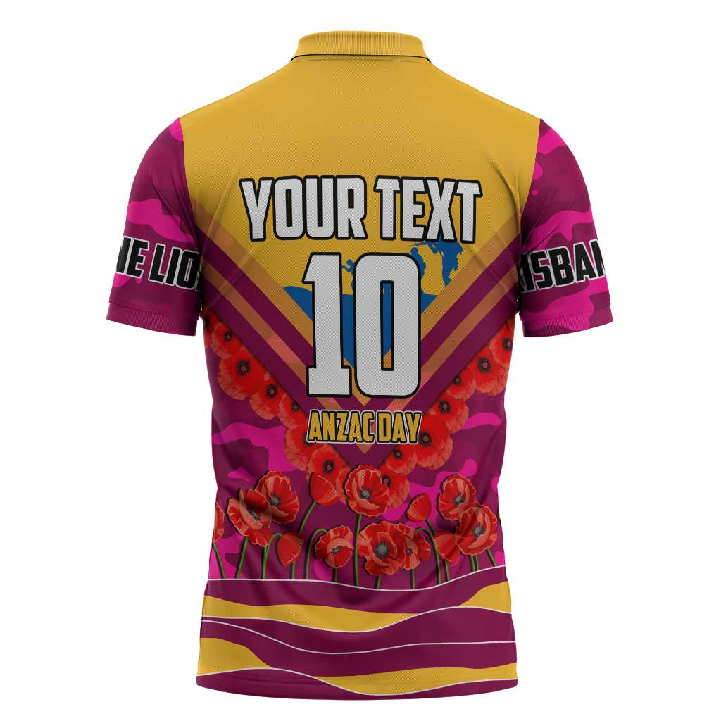 Personalised Brisbane Lions ANZAC Zipper Polo Shirt Military Remembrance Australian Football Mascot Camouflage
