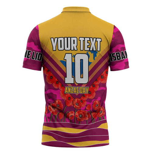 Personalised Brisbane Lions ANZAC Zipper Polo Shirt Military Remembrance Australian Football Mascot Camouflage