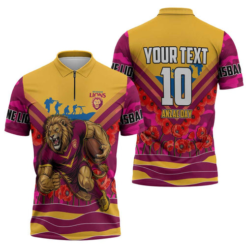 Personalised Brisbane Lions ANZAC Zipper Polo Shirt Military Remembrance Australian Football Mascot Camouflage