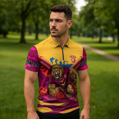 Personalised Brisbane Lions ANZAC Zipper Polo Shirt Military Remembrance Australian Football Mascot Camouflage