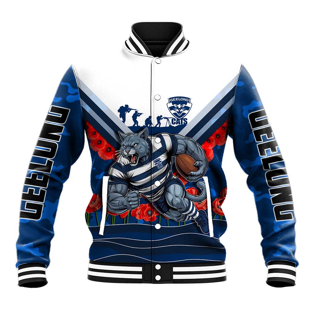 Personalised Geelong Cats ANZAC Baseball Jacket Military Remembrance Australian Football Mascot Camouflage
