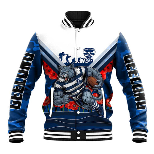 Personalised Geelong Cats ANZAC Baseball Jacket Military Remembrance Australian Football Mascot Camouflage