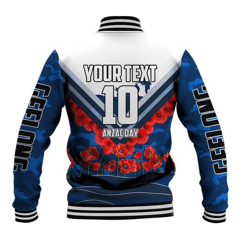 Personalised Geelong Cats ANZAC Baseball Jacket Military Remembrance Australian Football Mascot Camouflage