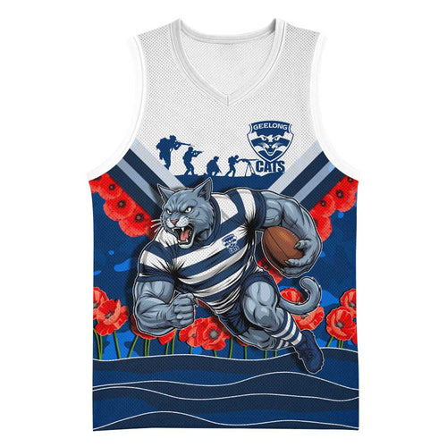 Personalised Geelong Cats ANZAC Basketball Jersey Military Remembrance Australian Football Mascot Camouflage