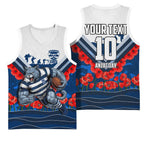 Personalised Geelong Cats ANZAC Basketball Jersey Military Remembrance Australian Football Mascot Camouflage