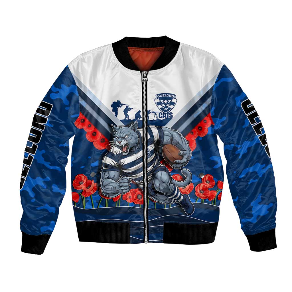 Personalised Geelong Cats ANZAC Bomber Jacket Military Remembrance Australian Football Mascot Camouflage