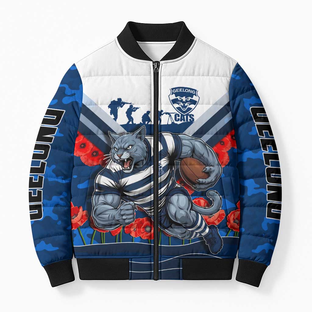 Personalised Geelong Cats ANZAC Bomber Puffer Jacket Military Remembrance Australian Football Mascot Camouflage