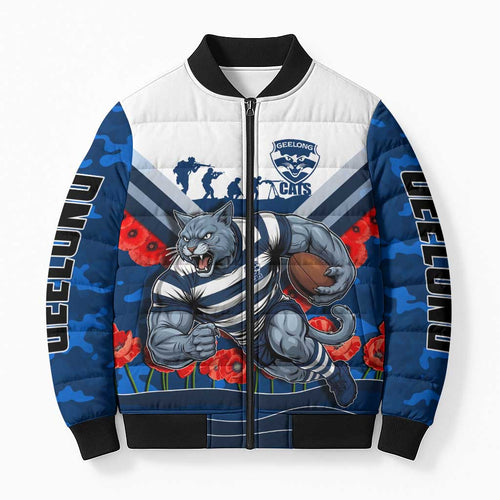 Personalised Geelong Cats ANZAC Bomber Puffer Jacket Military Remembrance Australian Football Mascot Camouflage