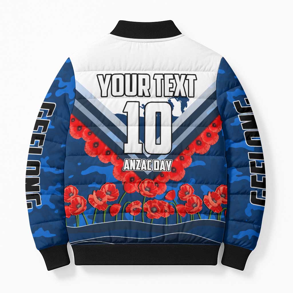 Personalised Geelong Cats ANZAC Bomber Puffer Jacket Military Remembrance Australian Football Mascot Camouflage