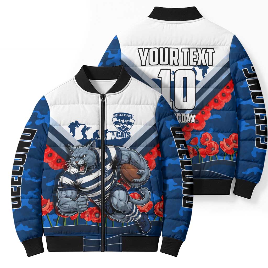 Personalised Geelong Cats ANZAC Bomber Puffer Jacket Military Remembrance Australian Football Mascot Camouflage