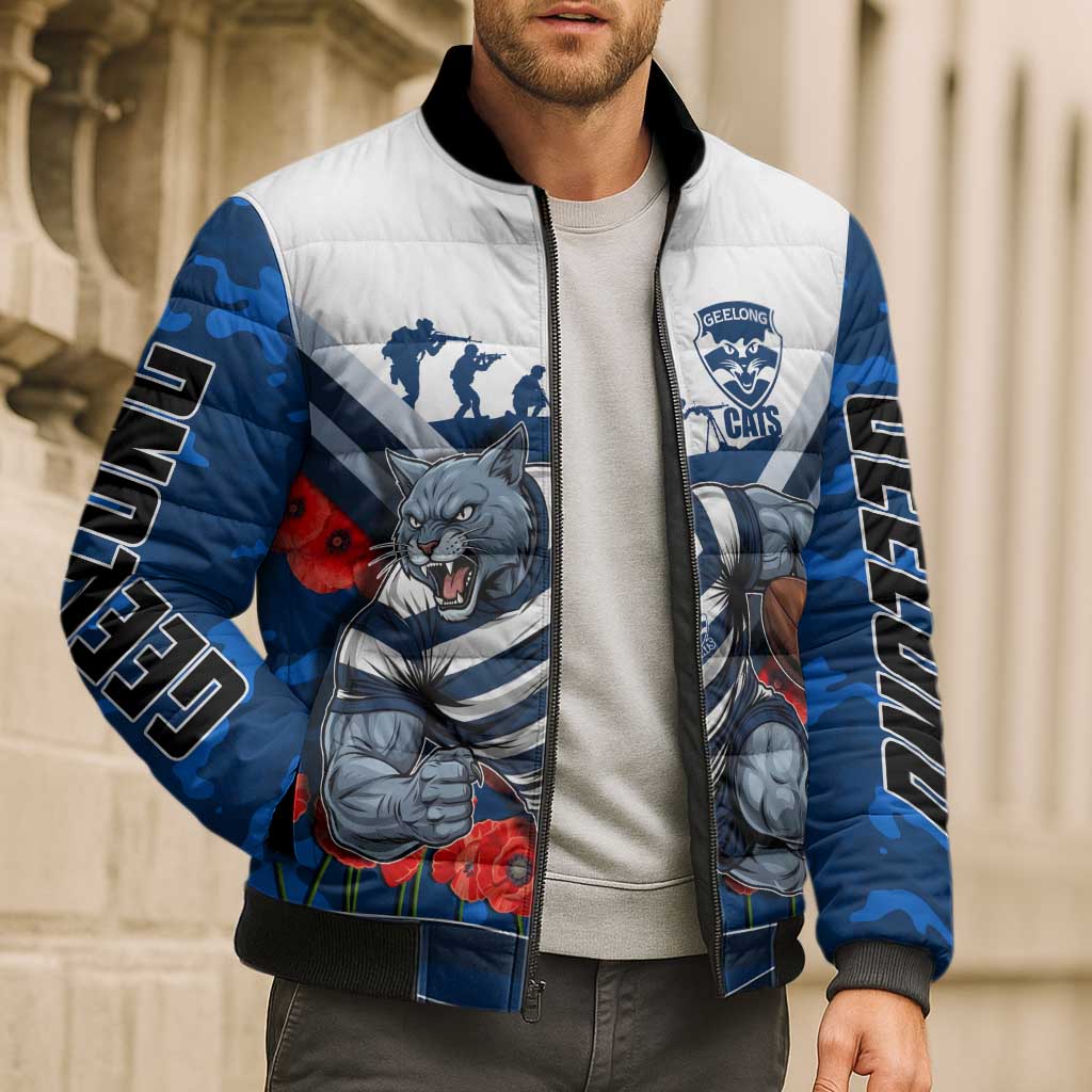 Personalised Geelong Cats ANZAC Bomber Puffer Jacket Military Remembrance Australian Football Mascot Camouflage