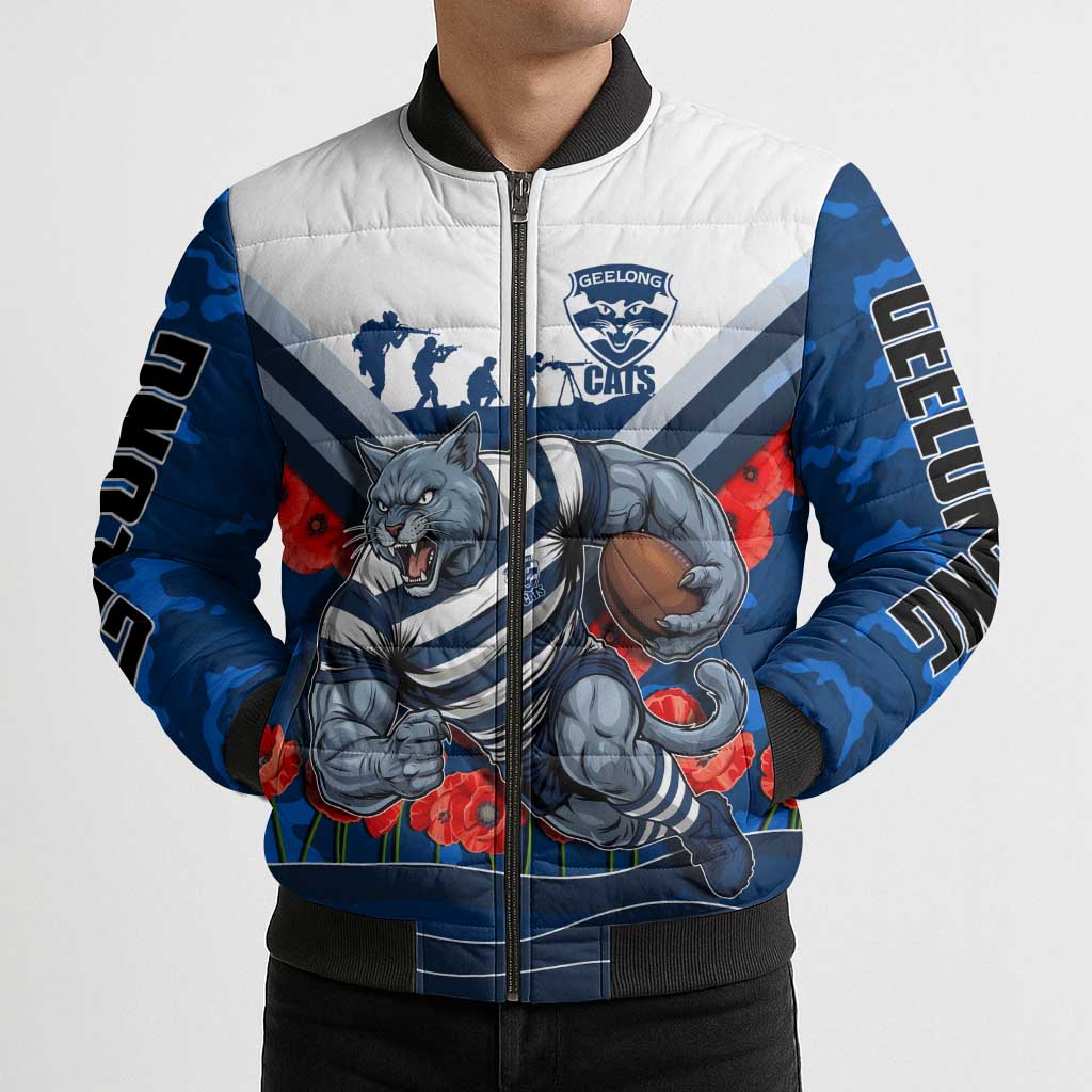Personalised Geelong Cats ANZAC Bomber Puffer Jacket Military Remembrance Australian Football Mascot Camouflage