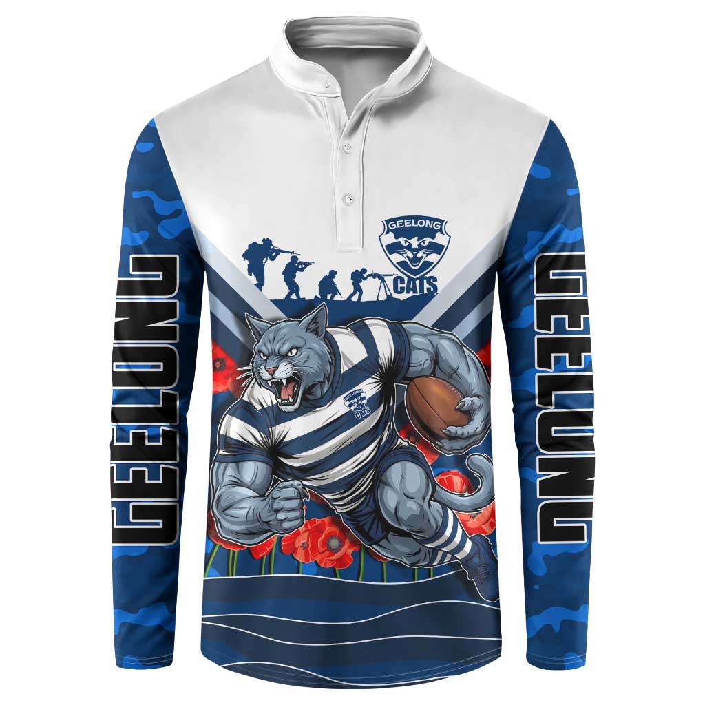 Personalised Geelong Cats ANZAC Button Sweatshirt Military Remembrance Australian Football Mascot Camouflage