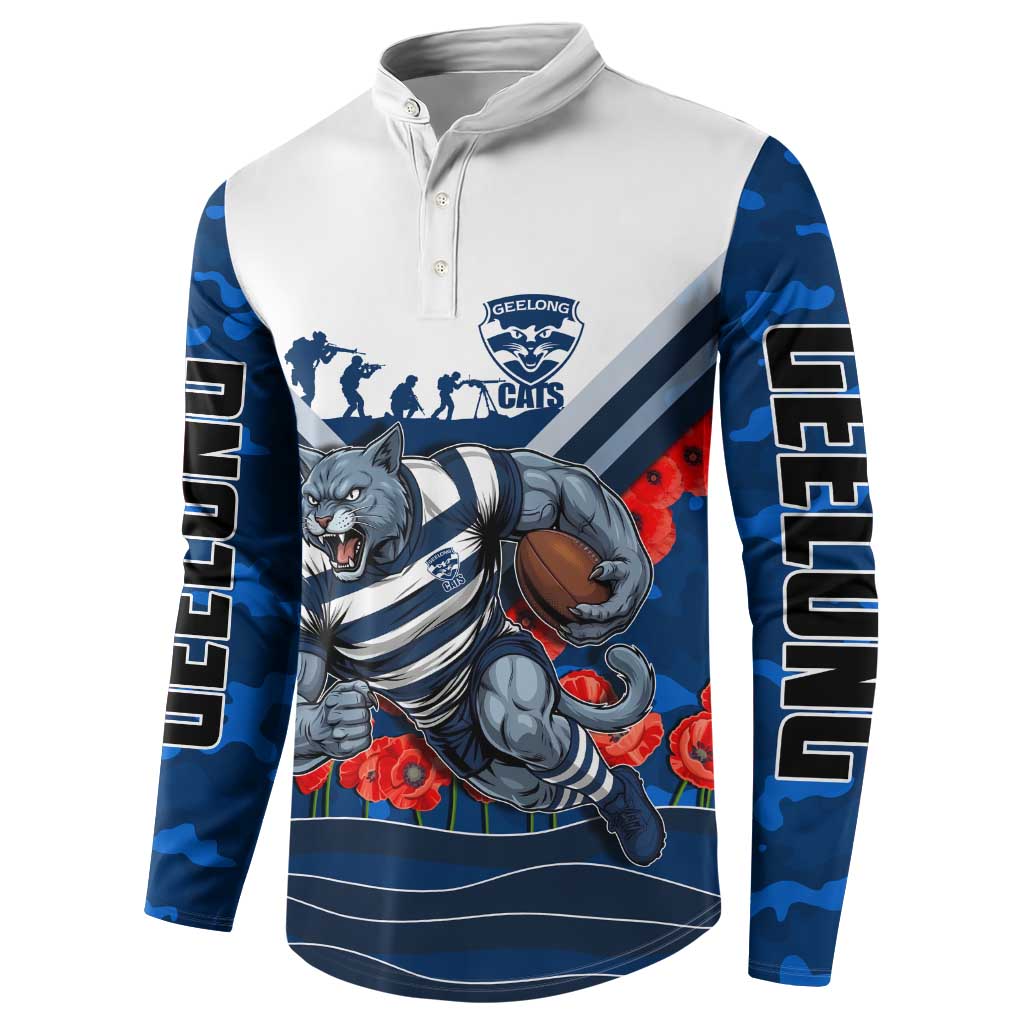 Personalised Geelong Cats ANZAC Button Sweatshirt Military Remembrance Australian Football Mascot Camouflage