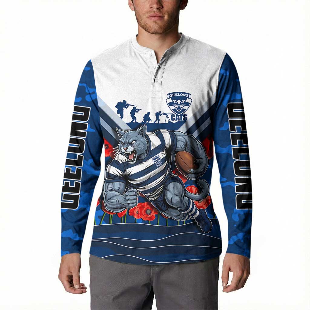 Personalised Geelong Cats ANZAC Button Sweatshirt Military Remembrance Australian Football Mascot Camouflage