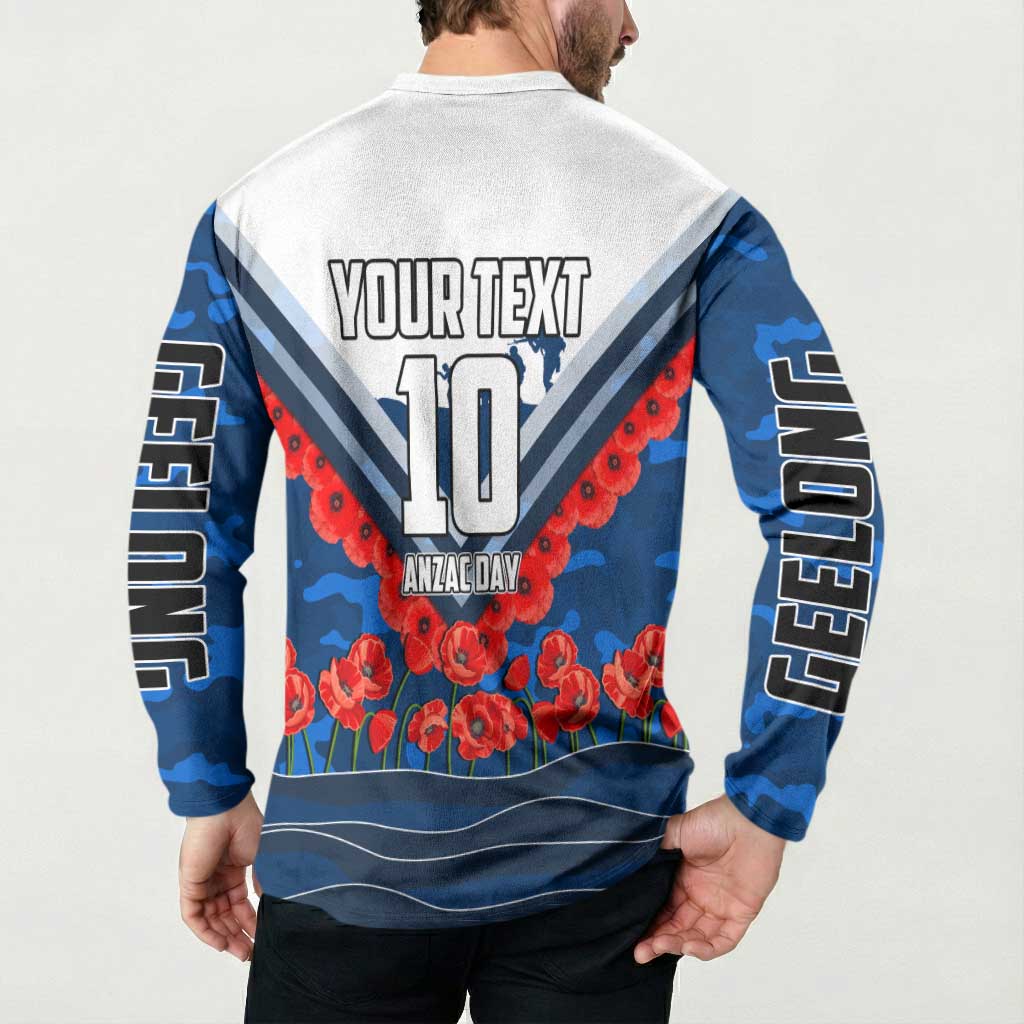 Personalised Geelong Cats ANZAC Button Sweatshirt Military Remembrance Australian Football Mascot Camouflage