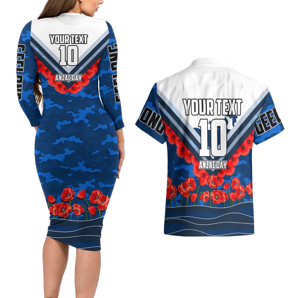 Personalised Geelong Cats ANZAC Couples Matching Long Sleeve Bodycon Dress and Hawaiian Shirt Military Remembrance Australian Football Mascot Camouflage