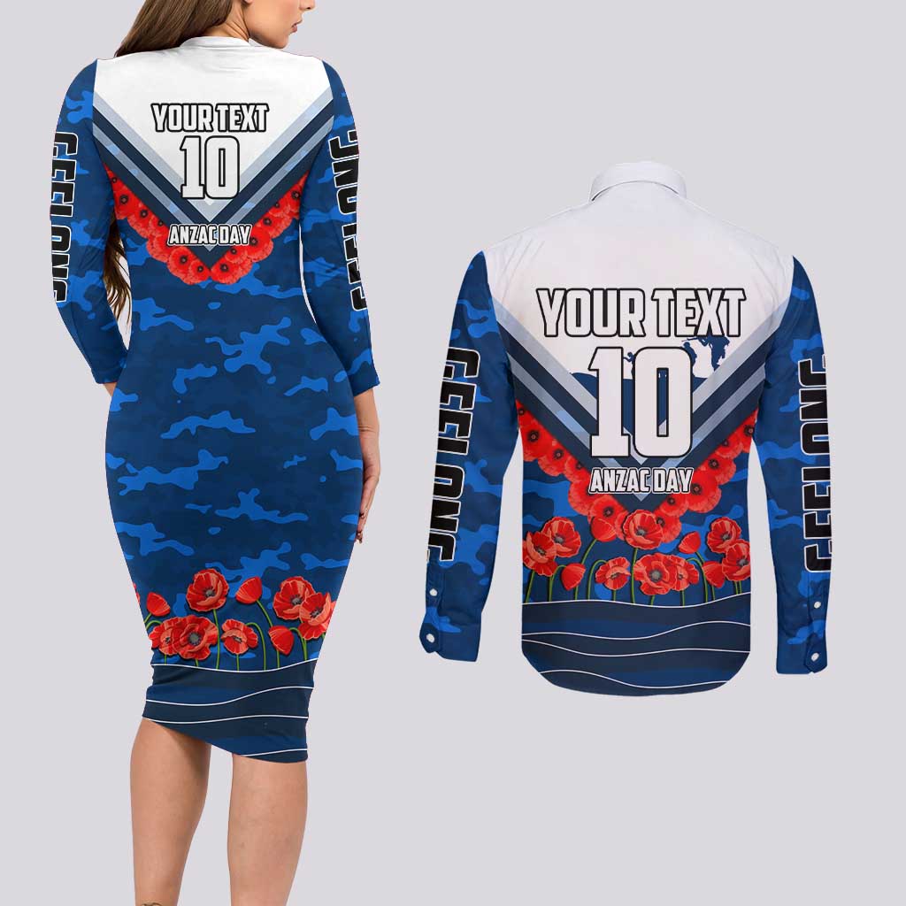 Personalised Geelong Cats ANZAC Couples Matching Long Sleeve Bodycon Dress and Long Sleeve Button Shirt Military Remembrance Australian Football Mascot Camouflage