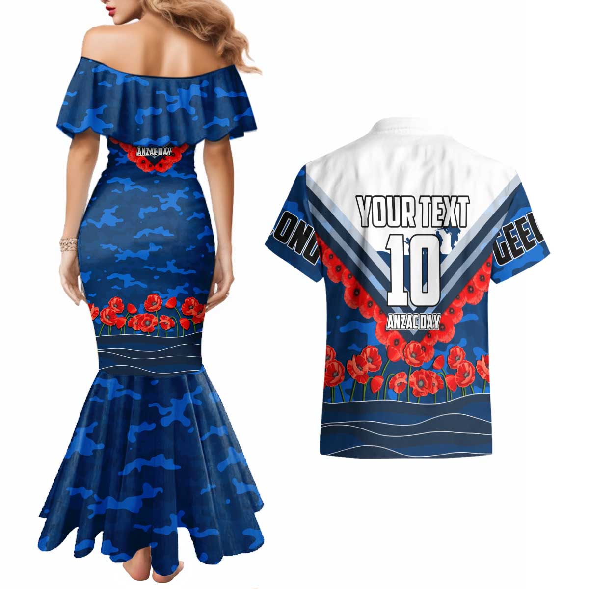 Personalised Geelong Cats ANZAC Couples Matching Mermaid Dress and Hawaiian Shirt Military Remembrance Australian Football Mascot Camouflage