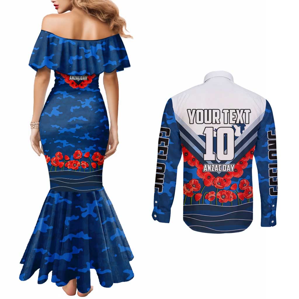 Personalised Geelong Cats ANZAC Couples Matching Mermaid Dress and Long Sleeve Button Shirt Military Remembrance Australian Football Mascot Camouflage