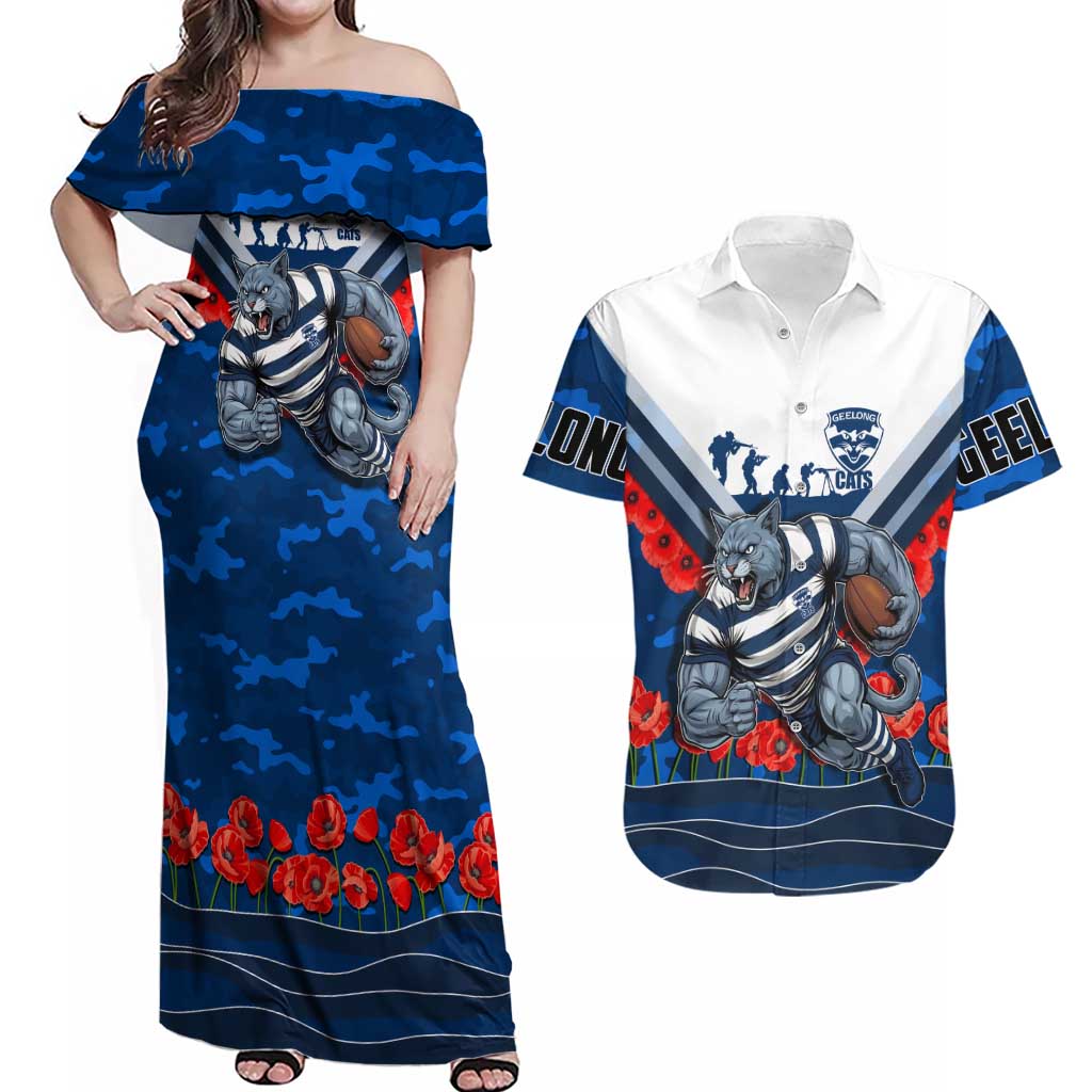 Personalised Geelong Cats ANZAC Couples Matching Off Shoulder Maxi Dress and Hawaiian Shirt Military Remembrance Australian Football Mascot Camouflage