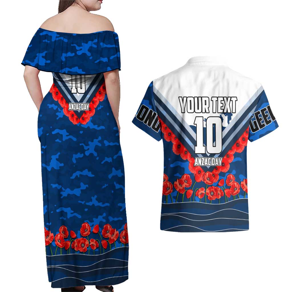 Personalised Geelong Cats ANZAC Couples Matching Off Shoulder Maxi Dress and Hawaiian Shirt Military Remembrance Australian Football Mascot Camouflage