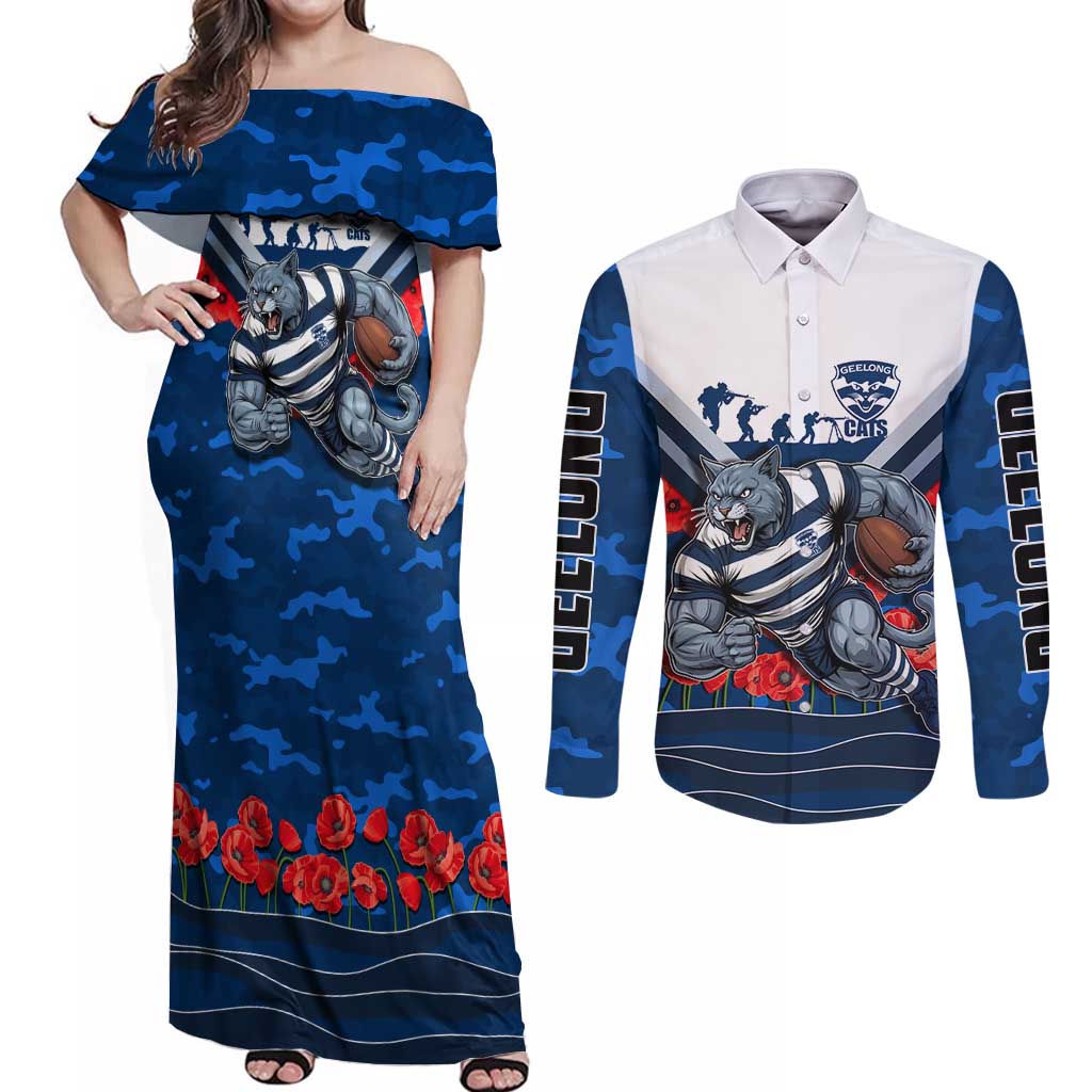Personalised Geelong Cats ANZAC Couples Matching Off Shoulder Maxi Dress and Long Sleeve Button Shirt Military Remembrance Australian Football Mascot Camouflage