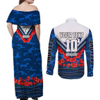 Personalised Geelong Cats ANZAC Couples Matching Off Shoulder Maxi Dress and Long Sleeve Button Shirt Military Remembrance Australian Football Mascot Camouflage