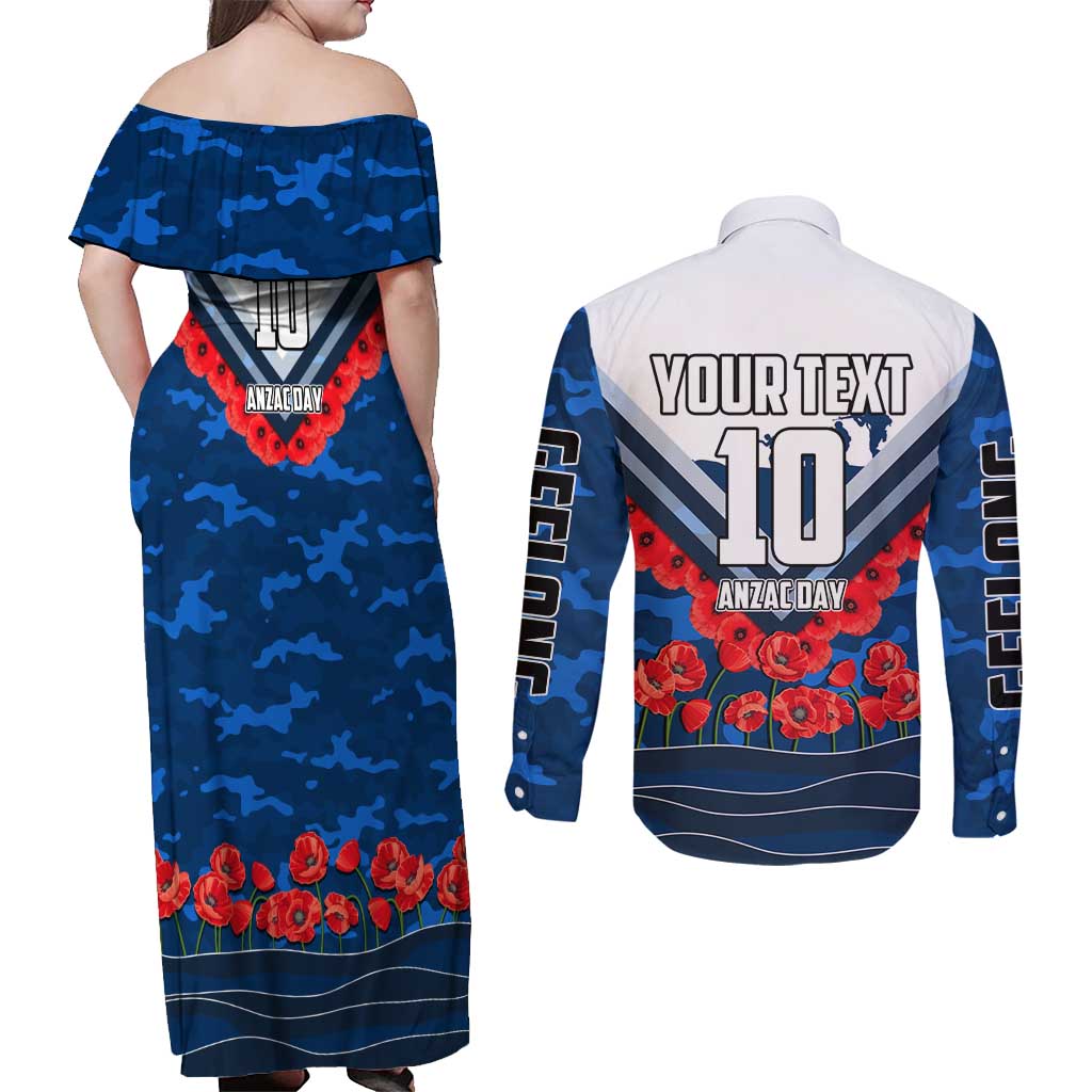Personalised Geelong Cats ANZAC Couples Matching Off Shoulder Maxi Dress and Long Sleeve Button Shirt Military Remembrance Australian Football Mascot Camouflage