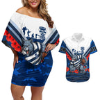 Personalised Geelong Cats ANZAC Couples Matching Off Shoulder Short Dress and Hawaiian Shirt Military Remembrance Australian Football Mascot Camouflage