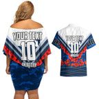 Personalised Geelong Cats ANZAC Couples Matching Off Shoulder Short Dress and Hawaiian Shirt Military Remembrance Australian Football Mascot Camouflage