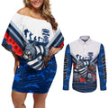 Personalised Geelong Cats ANZAC Couples Matching Off Shoulder Short Dress and Long Sleeve Button Shirt Military Remembrance Australian Football Mascot Camouflage