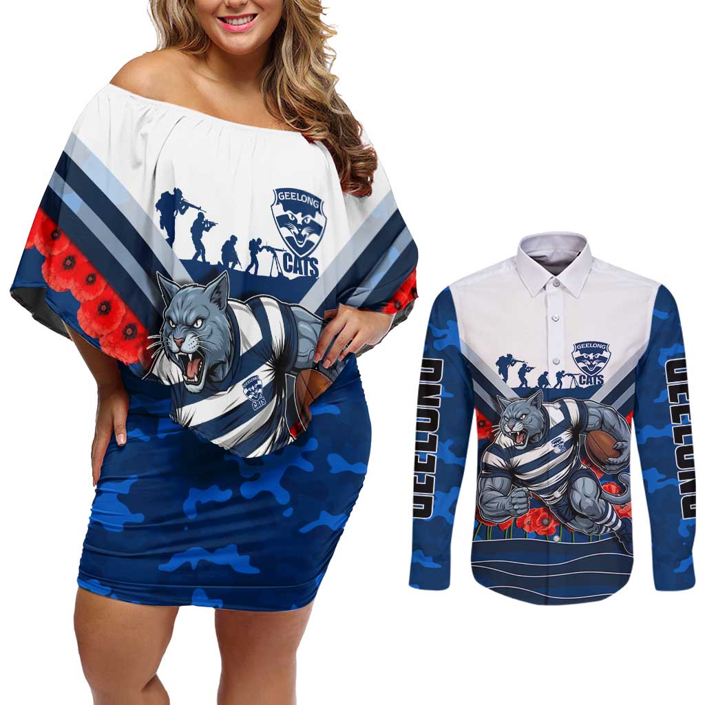 Personalised Geelong Cats ANZAC Couples Matching Off Shoulder Short Dress and Long Sleeve Button Shirt Military Remembrance Australian Football Mascot Camouflage