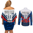 Personalised Geelong Cats ANZAC Couples Matching Off Shoulder Short Dress and Long Sleeve Button Shirt Military Remembrance Australian Football Mascot Camouflage