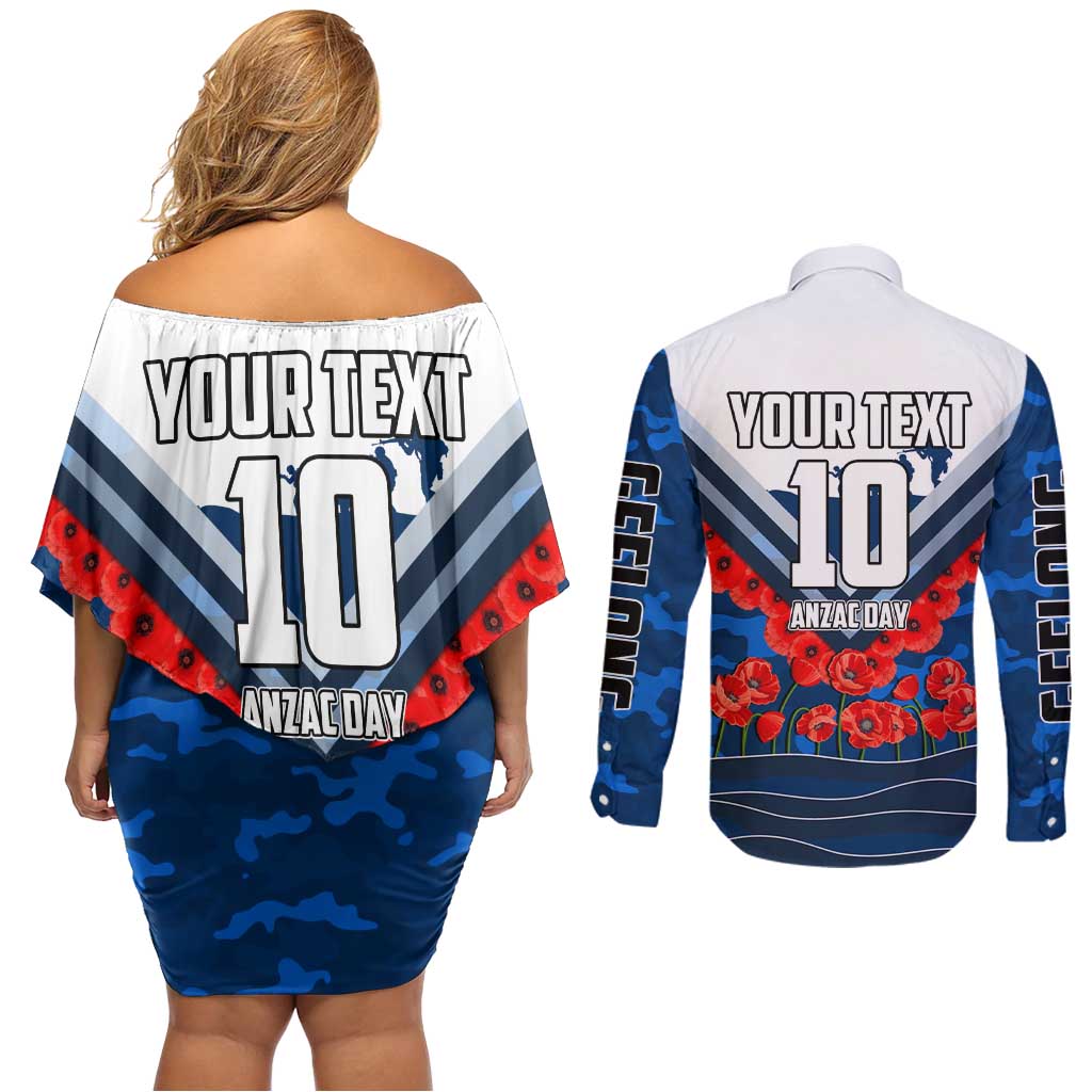 Personalised Geelong Cats ANZAC Couples Matching Off Shoulder Short Dress and Long Sleeve Button Shirt Military Remembrance Australian Football Mascot Camouflage