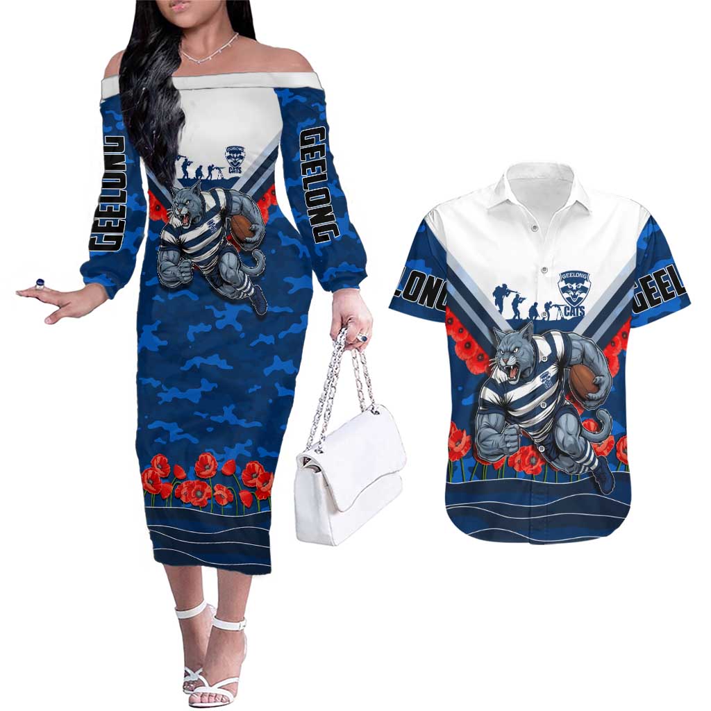 Personalised Geelong Cats ANZAC Couples Matching Off The Shoulder Long Sleeve Dress and Hawaiian Shirt Military Remembrance Australian Football Mascot Camouflage