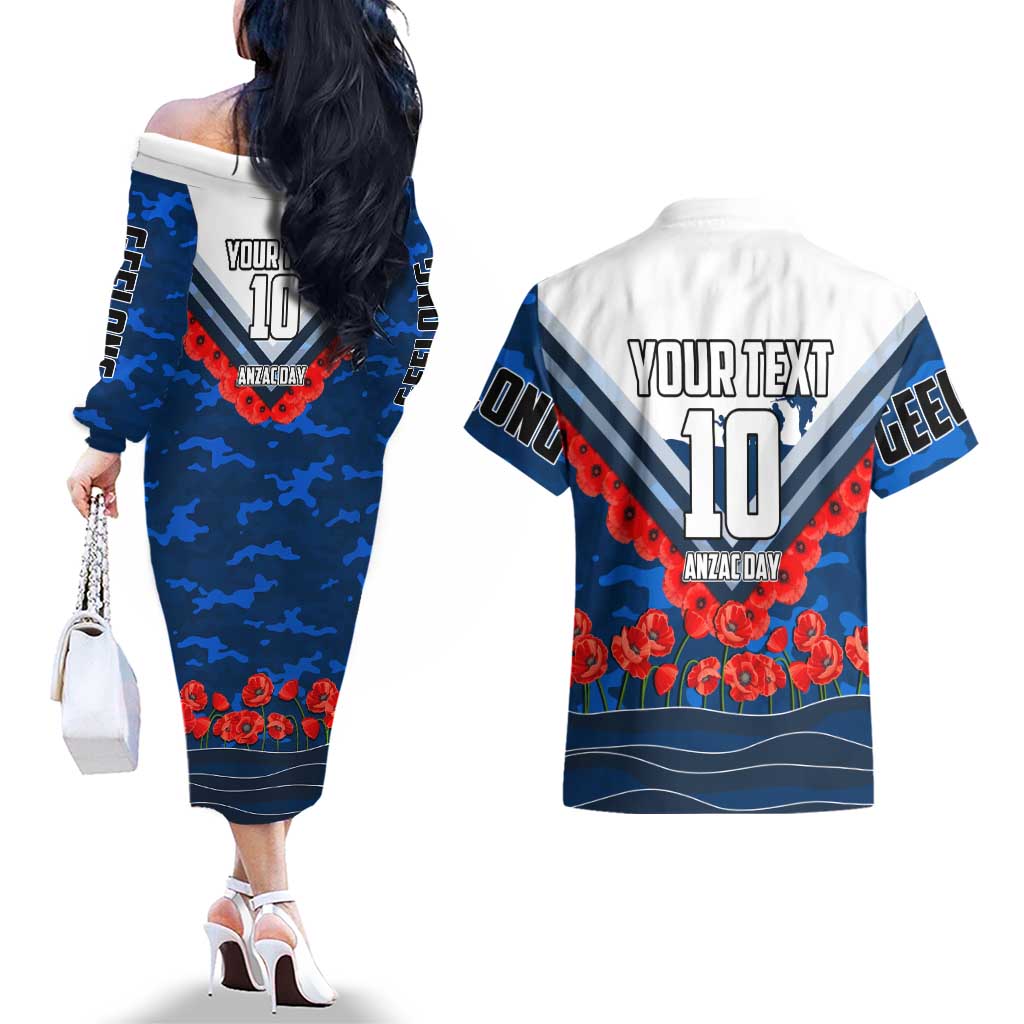 Personalised Geelong Cats ANZAC Couples Matching Off The Shoulder Long Sleeve Dress and Hawaiian Shirt Military Remembrance Australian Football Mascot Camouflage