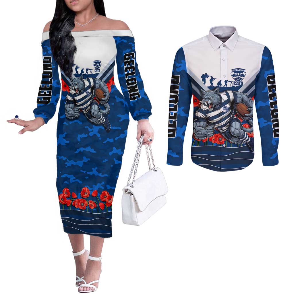 Personalised Geelong Cats ANZAC Couples Matching Off The Shoulder Long Sleeve Dress and Long Sleeve Button Shirt Military Remembrance Australian Football Mascot Camouflage