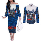 Personalised Geelong Cats ANZAC Couples Matching Off The Shoulder Long Sleeve Dress and Long Sleeve Button Shirt Military Remembrance Australian Football Mascot Camouflage