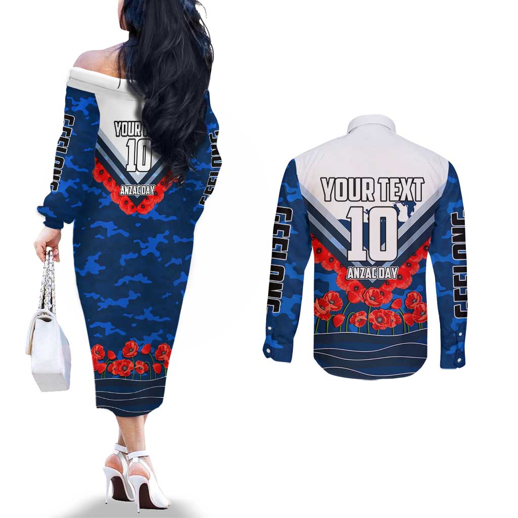 Personalised Geelong Cats ANZAC Couples Matching Off The Shoulder Long Sleeve Dress and Long Sleeve Button Shirt Military Remembrance Australian Football Mascot Camouflage