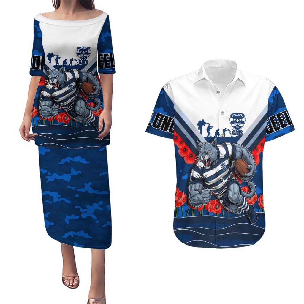 Personalised Geelong Cats ANZAC Couples Matching Puletasi and Hawaiian Shirt Military Remembrance Australian Football Mascot Camouflage