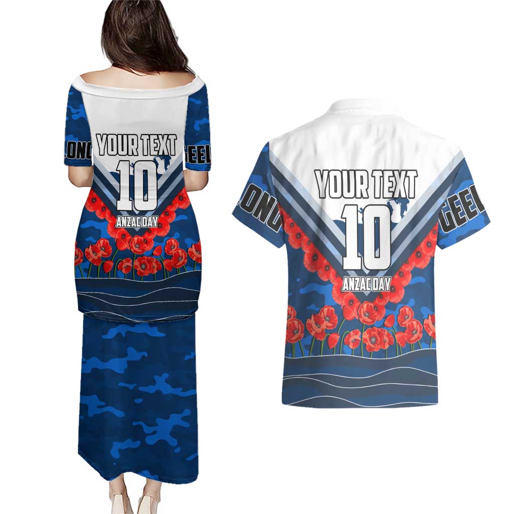 Personalised Geelong Cats ANZAC Couples Matching Puletasi and Hawaiian Shirt Military Remembrance Australian Football Mascot Camouflage