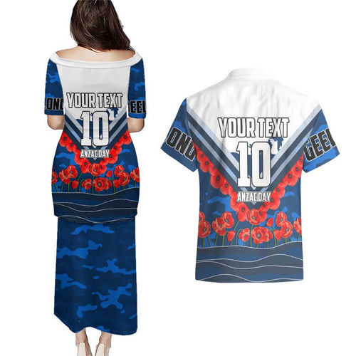 Personalised Geelong Cats ANZAC Couples Matching Puletasi and Hawaiian Shirt Military Remembrance Australian Football Mascot Camouflage