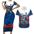 Personalised Geelong Cats ANZAC Couples Matching Short Sleeve Bodycon Dress and Hawaiian Shirt Military Remembrance Australian Football Mascot Camouflage