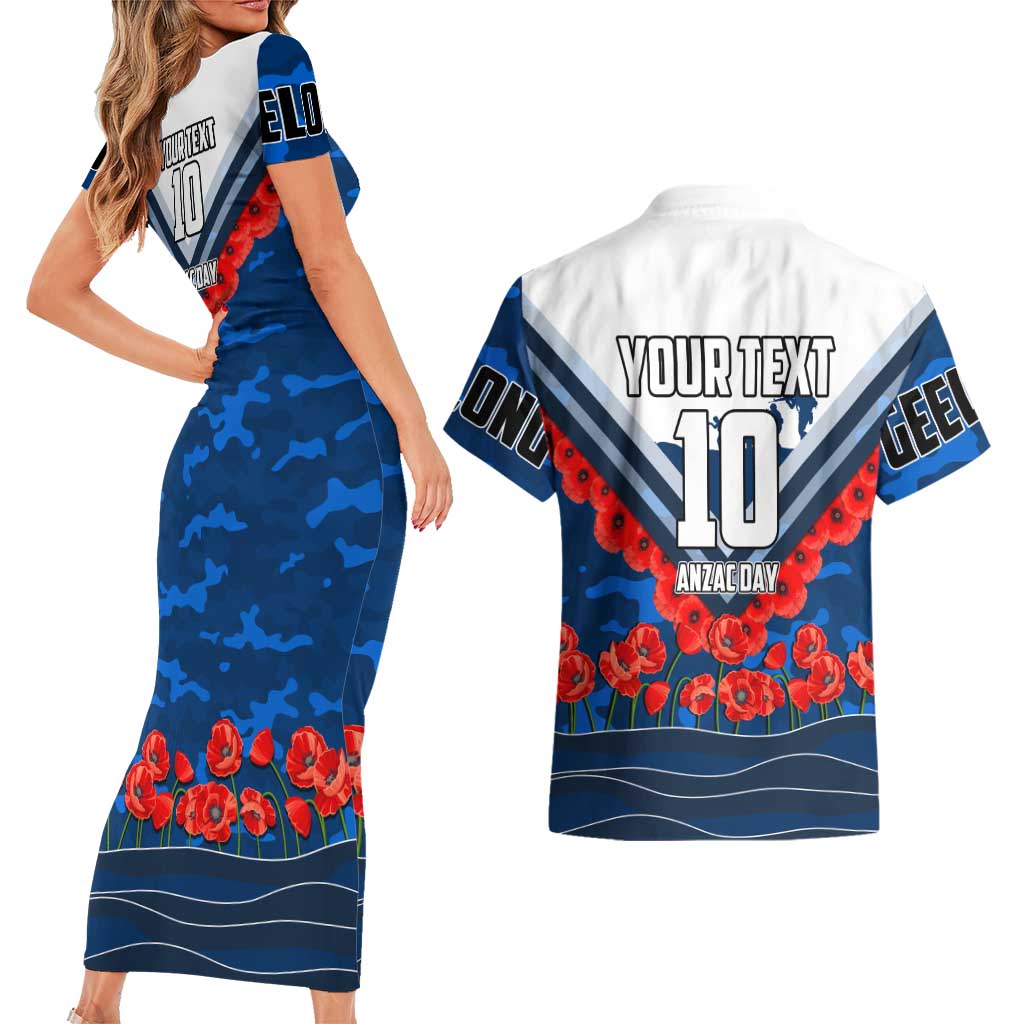 Personalised Geelong Cats ANZAC Couples Matching Short Sleeve Bodycon Dress and Hawaiian Shirt Military Remembrance Australian Football Mascot Camouflage