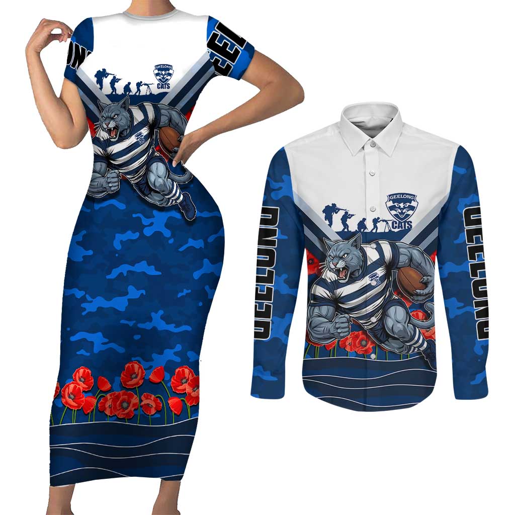 Personalised Geelong Cats ANZAC Couples Matching Short Sleeve Bodycon Dress and Long Sleeve Button Shirt Military Remembrance Australian Football Mascot Camouflage