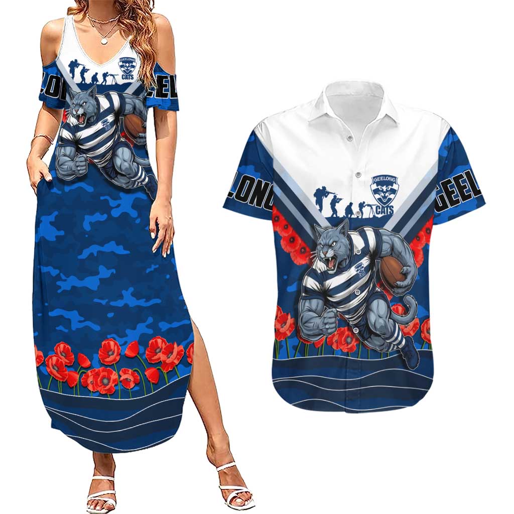 Personalised Geelong Cats ANZAC Couples Matching Summer Maxi Dress and Hawaiian Shirt Military Remembrance Australian Football Mascot Camouflage