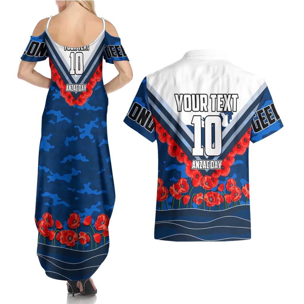 Personalised Geelong Cats ANZAC Couples Matching Summer Maxi Dress and Hawaiian Shirt Military Remembrance Australian Football Mascot Camouflage